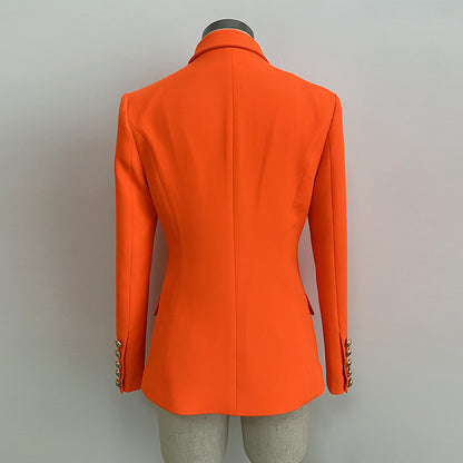 Women's Fitted Gold Lion Buttons Fitted Jacket Neon Orange Blazer