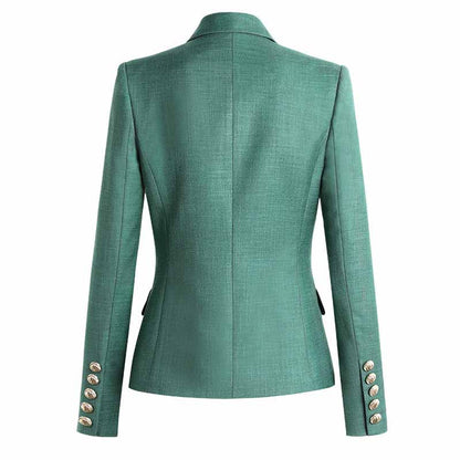 Women's Teal Green Textured Luxury Fitted Double Breasted Blazer with Lion Buttons - SLIM FIT