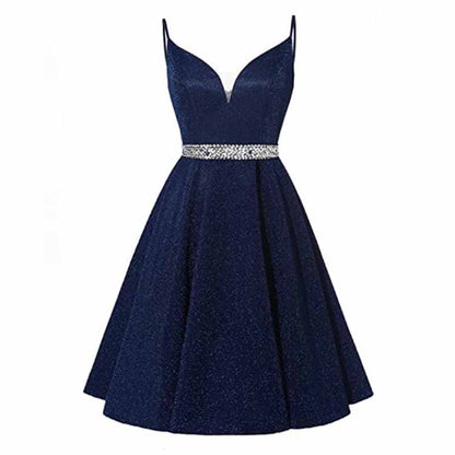 Girls Spaghetti Short Satin Prom Dress V-Neck Beaded Homecoming Evening Party Gowns