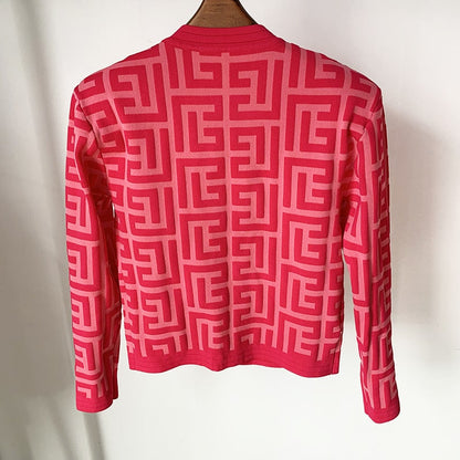 Women Maze Cardigan Suit + Trousers Two Piece Pink Sweater Suit