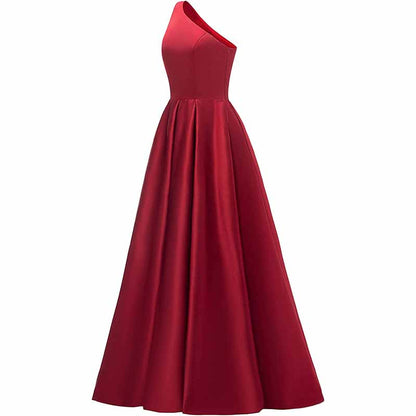 Women's One Shoulder Prom Dress Long Satin Formal Evening Ball Wedding Gowns