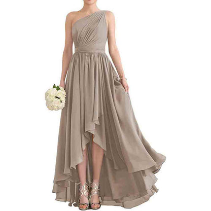 Women's One Shoulder Bridesmaid Dresses High Low Chiffon Evening Formal Gown with Pockets