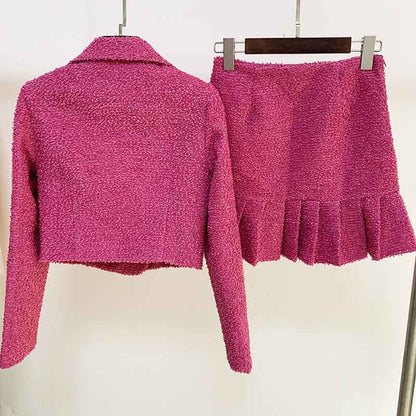 Womens Rose Pink Two Piece Short Coat with Long Sleeves + Short Skirt Formal Set