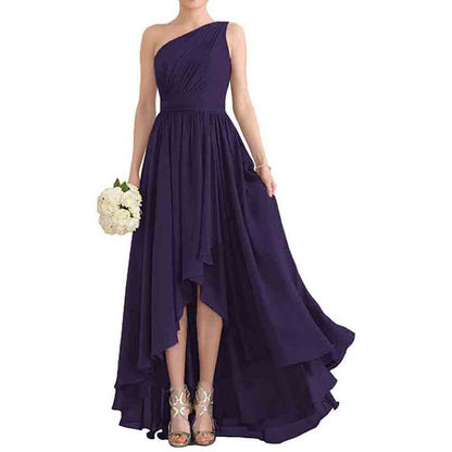 Women's One Shoulder Bridesmaid Dresses High Low Chiffon Evening Formal Gown with Pockets