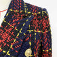 Women Lion Button Double Breasted Plaid Tweed Slim Fitting Blazer Coat