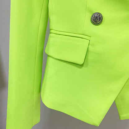Women's Fitted Silver Lion Buttons Fitted Jacket Blazer Neon Yellow