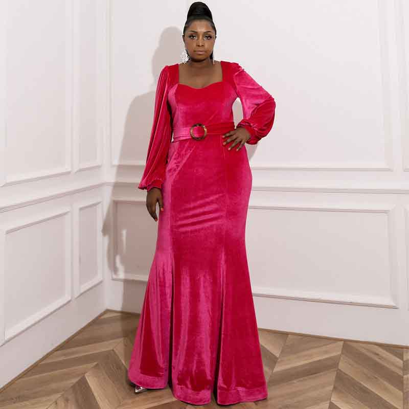 Women's plus size Velvet Mermaid Rosy Prom Dress Long Evening Party Dresses