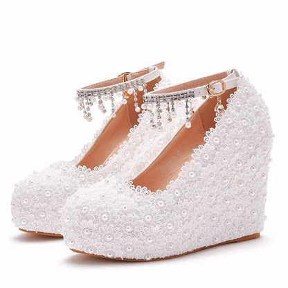 Women Wedding Platform Wedges Shoes Stick Lace Flowers Bride Pumps