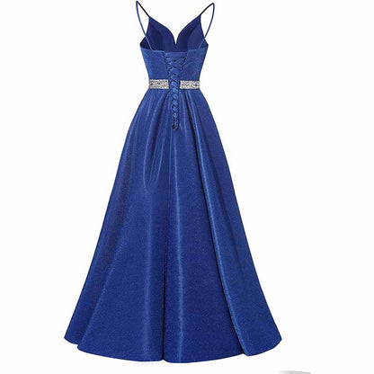 Women Prom Dress Long V-Neck Spaghetti Beaded Belt Formal Evening Ball Gowns