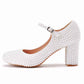 Women's Bridal Low Heel Closed Toe with Pearl Chunky Wedding Shoes