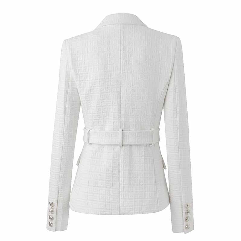 Women's Golden Lion Buttons Fitted Belted Jacket White Color Coat
