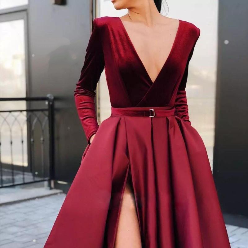 sd-hk Wine Red Evening Party Dress Long Sleeve High Split Maxi Gowns