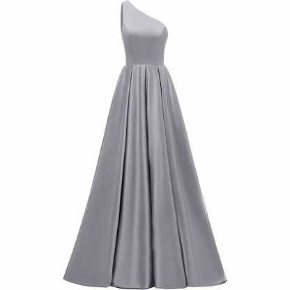 Women's One Shoulder Prom Dress Long Satin Formal Evening Ball Wedding Gowns