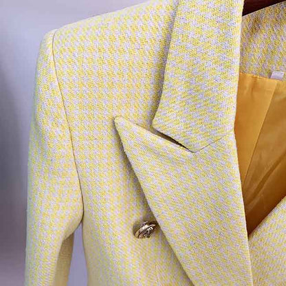 Women's Fitted Gold Lion Buttons Fitted Jacket Yellow Houndstooth Check Blazer
