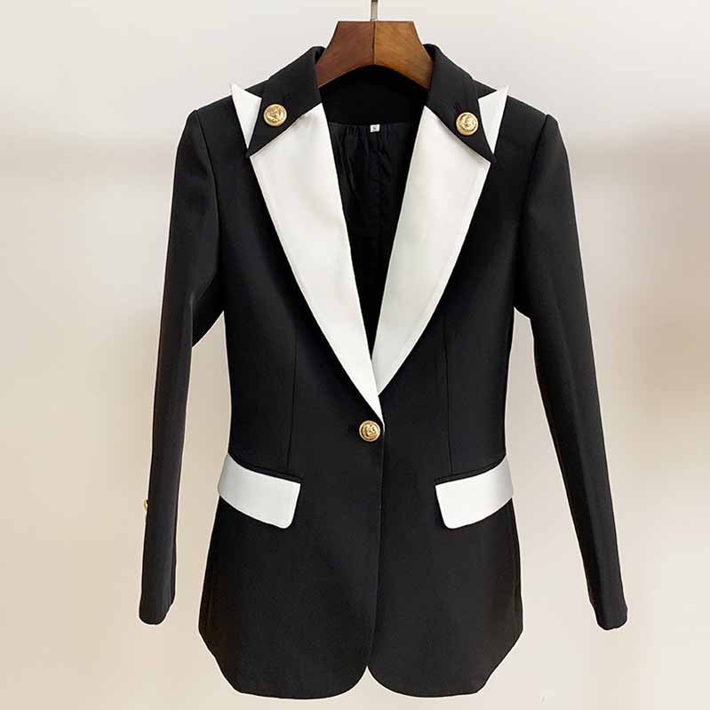 White Collar Blazer Black Jacket Womens Black Coat with One Button Outerwear
