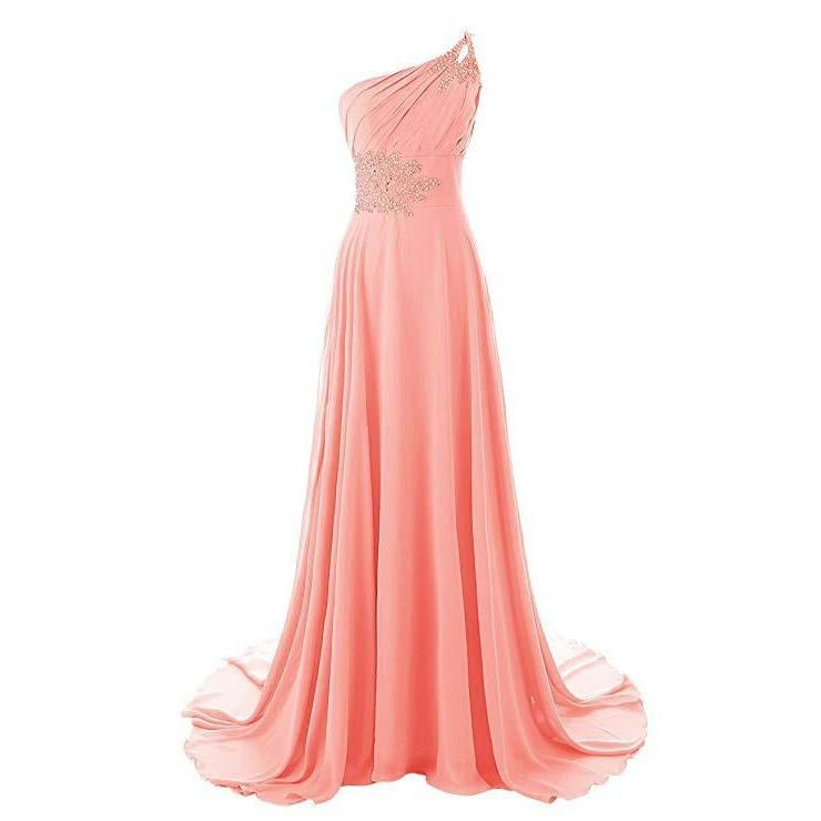 One shoulder pink dress long