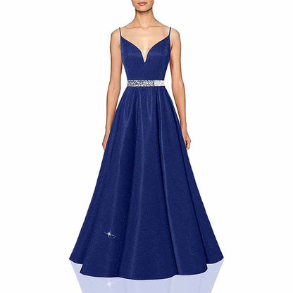 Women Prom Dress Long V-Neck Spaghetti Beaded Belt Formal Evening Ball Gowns