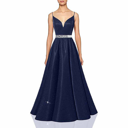 Women Prom Dress Long V-Neck Spaghetti Beaded Belt Formal Evening Ball Gowns