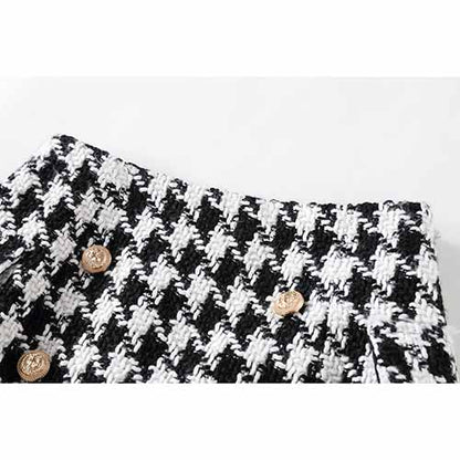 Women Black Houndstooth Check Shorts Gold-tone Mini Tweed Shorts