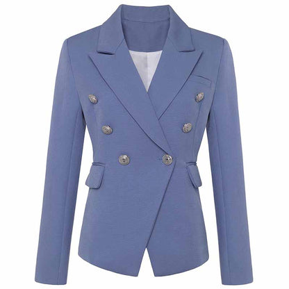 Women's Golden Lion Buttons Fitted Belted Jacket Dusty Blue Blazer