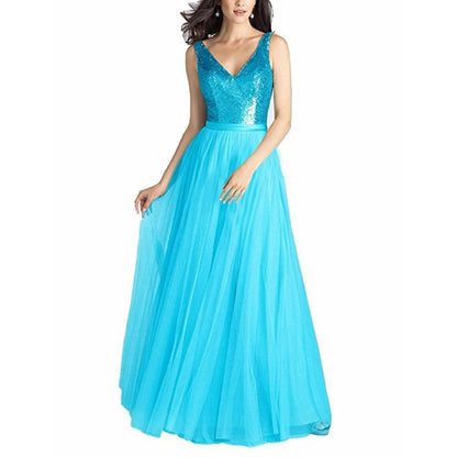 Sequin Evening Gowns V Neck Sleeveless Ball Prom Party Dress