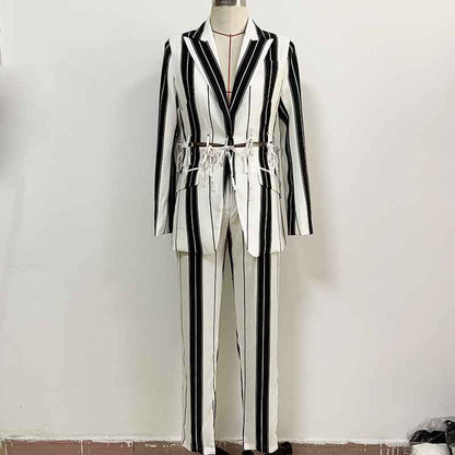 Women's Black and White Striped Pants Suit
