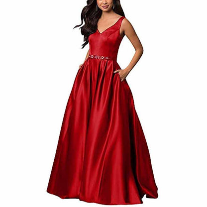 Women's Satin Bridesmaid Dress With Pocket Long Formal Evening Party Maxi Dress
