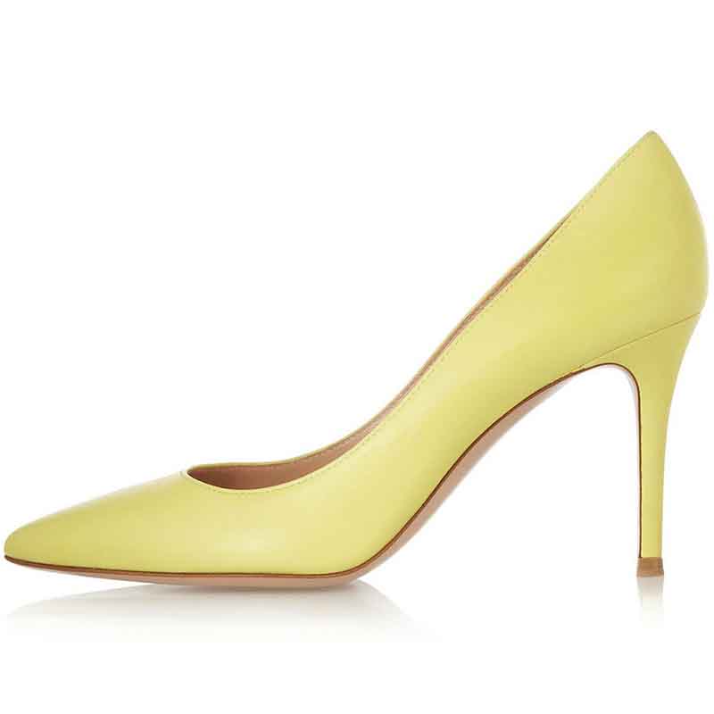 Yellow Heels Shoes for Women Closed Toe Leather Pumps