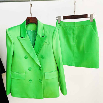 Women Loose fit Purple/Green Blazer + Mini Skirt Suit
