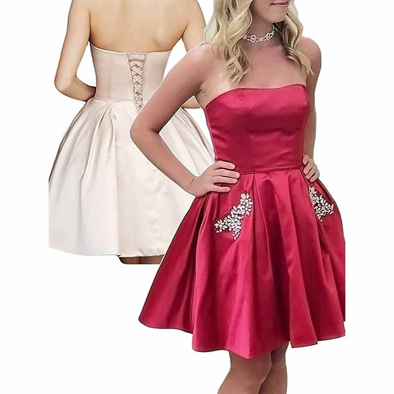 Women Satin Short Prom Dress with Pocket Off The Shoulder Mini Homecoming Dress