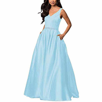 Women's Satin Bridesmaid Dress With Pocket Long Formal Evening Party Maxi Dress