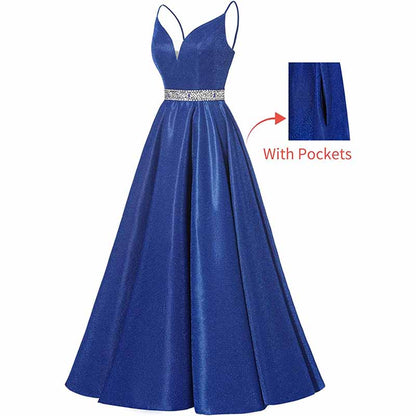 Women Prom Dress Long V-Neck Spaghetti Beaded Belt Formal Evening Ball Gowns