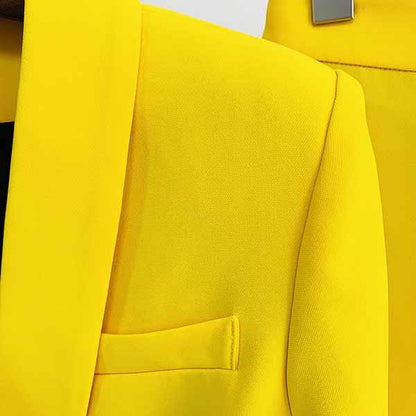 Womens Yellow Pantsuits Blazer + High Waist Nine-Point Suit Pants