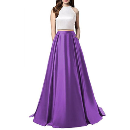 Women Two Piece Long Prom Dress Crop Top Satin Evening Formal Dresses With Pocket