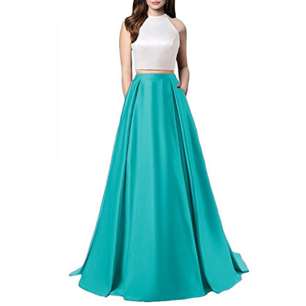 Women Two Piece Long Prom Dress Crop Top Satin Evening Formal Dresses With Pocket