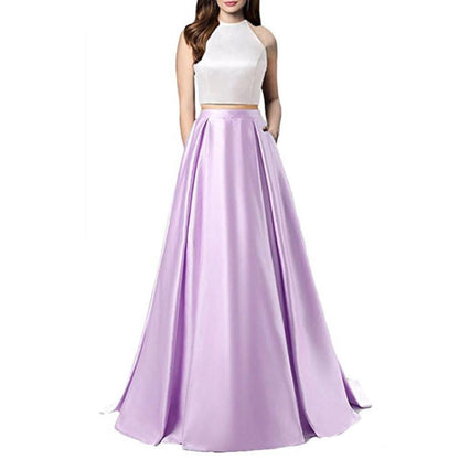 Women Two Piece Long Prom Dress Crop Top Satin Evening Formal Dresses With Pocket