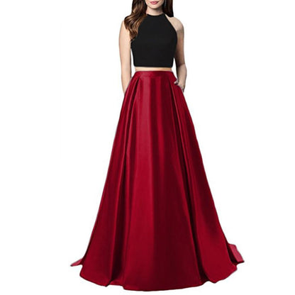 Women Two Piece Long Prom Dress Crop Top Satin Evening Formal Dresses With Pocket