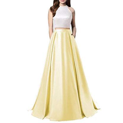 Women Two Piece Long Prom Dress Crop Top Satin Evening Formal Dresses With Pocket
