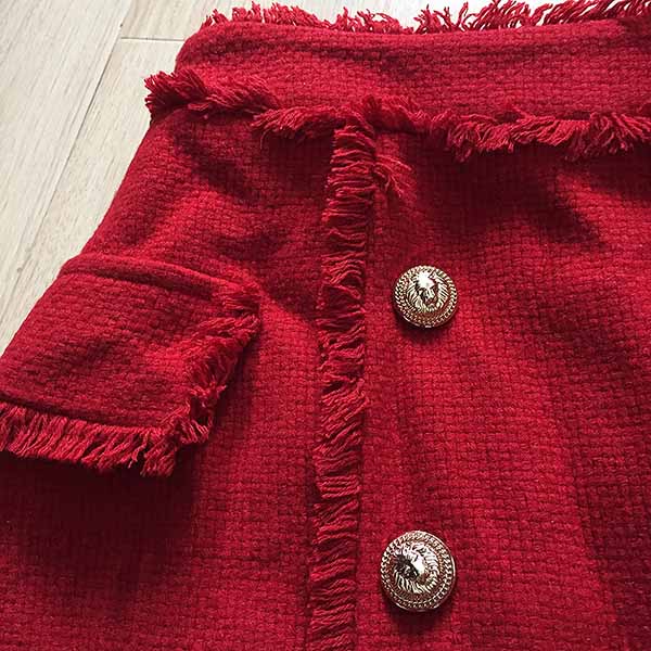 Women Red Skirt Lion Button Tassel Wool Short Skirt Hip Wrap Skirt