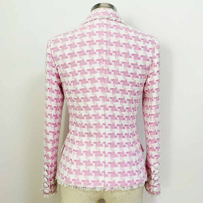 Women's Purple & White Tweed Houndstooth Luxury Fitted Double Breasted Blazer with Lion Buttons