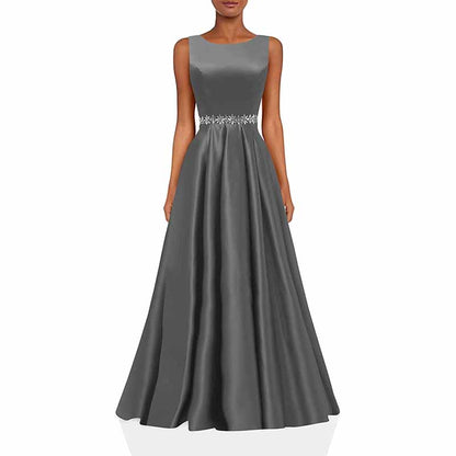 Women Long Prom Dress Satin A-Line with Beaded Belt Formal Evening Gown