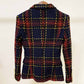 Women Lion Button Double Breasted Plaid Tweed Slim Fitting Blazer Coat