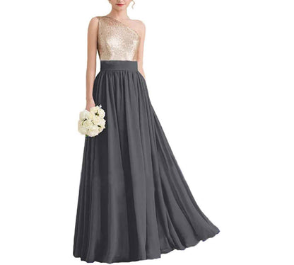 Women One Shoulder Sequin Bridesmaid Dresses Long Chiffon Formal Dresses