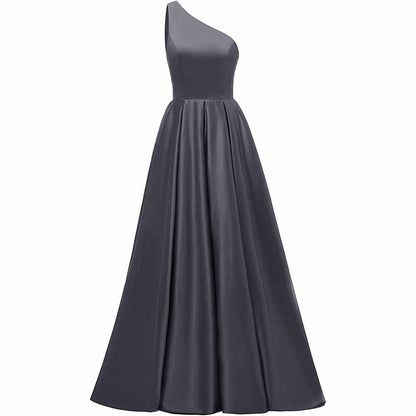 Women's One Shoulder Prom Dress Long Satin Formal Evening Ball Wedding Gowns