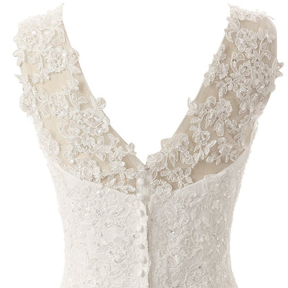 sd-hk Women's Wedding Dress Lace Double V-Neck Sleeveless Evening Dress