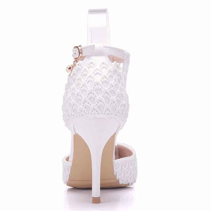 Women High Heels White Lace Wedding Shoes Pointed Toe Bridal Shoes