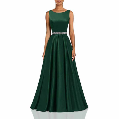 Women Long Prom Dress Satin A-Line with Beaded Belt Formal Evening Gown