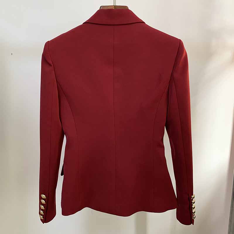 Womens Wine Red Jacket Coat Metal Lion Button Double Breasted Slim Blazer