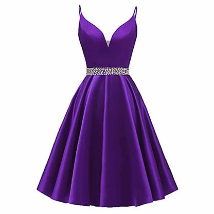 Girls Spaghetti Short Satin Prom Dress V-Neck Beaded Homecoming Evening Party Gowns