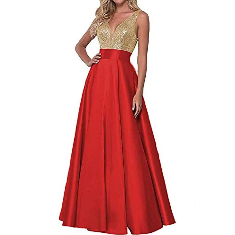 sleeveless red and gold long prom dress